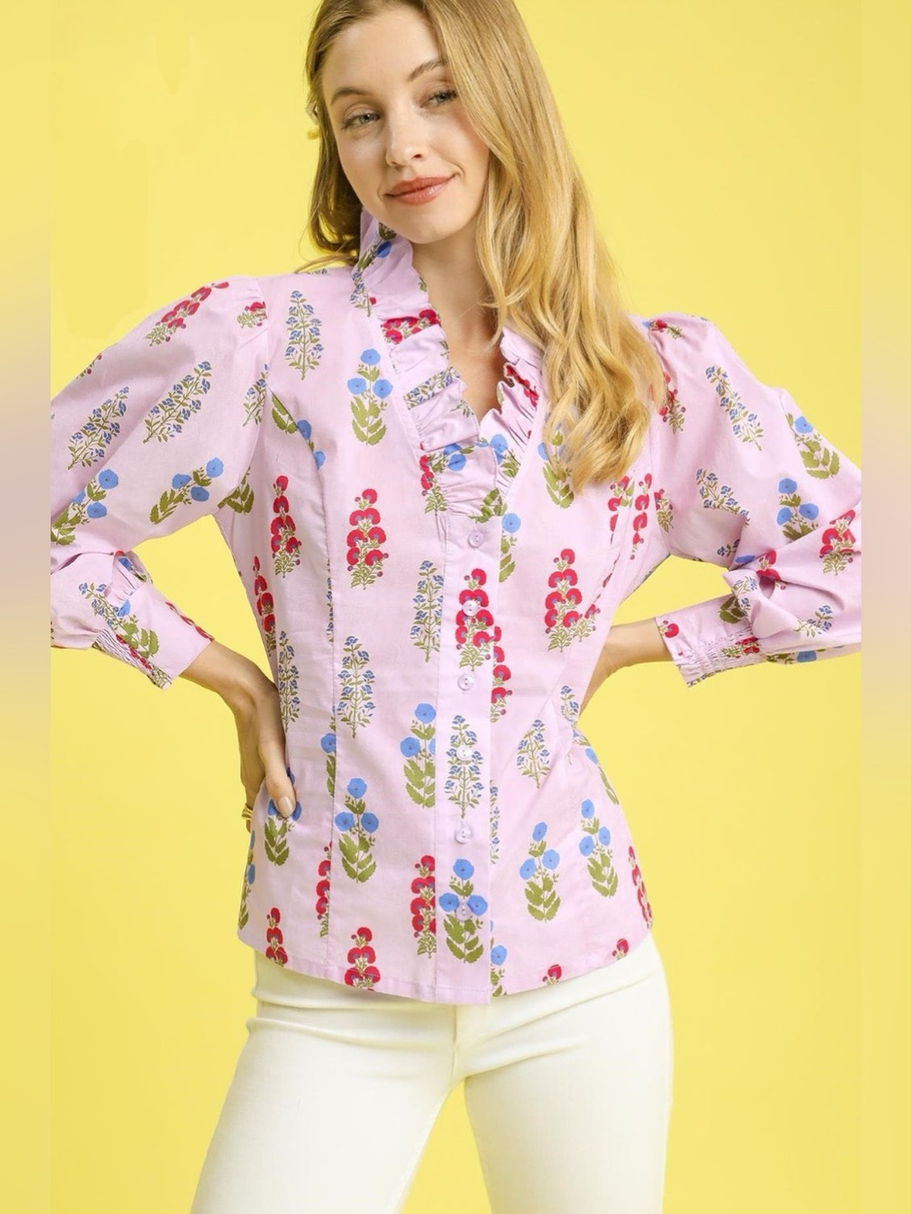 Umgee Floral Print Lantern Sleeve Button Down Shirt - Picture 2 of 4